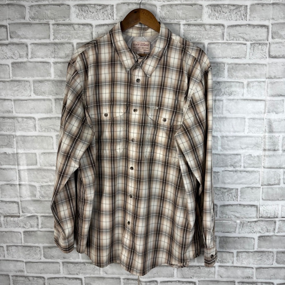 Filson Garment Mens XL Plaid Button Down Shirt Tan Brown Vented Back Mesh Lined